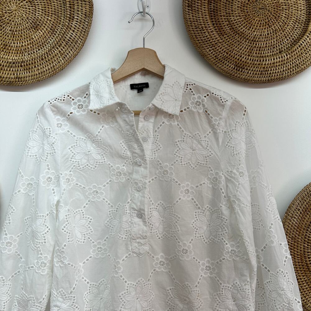 Talbots White Floral Eyelet Partial Button Neck C… - image 4